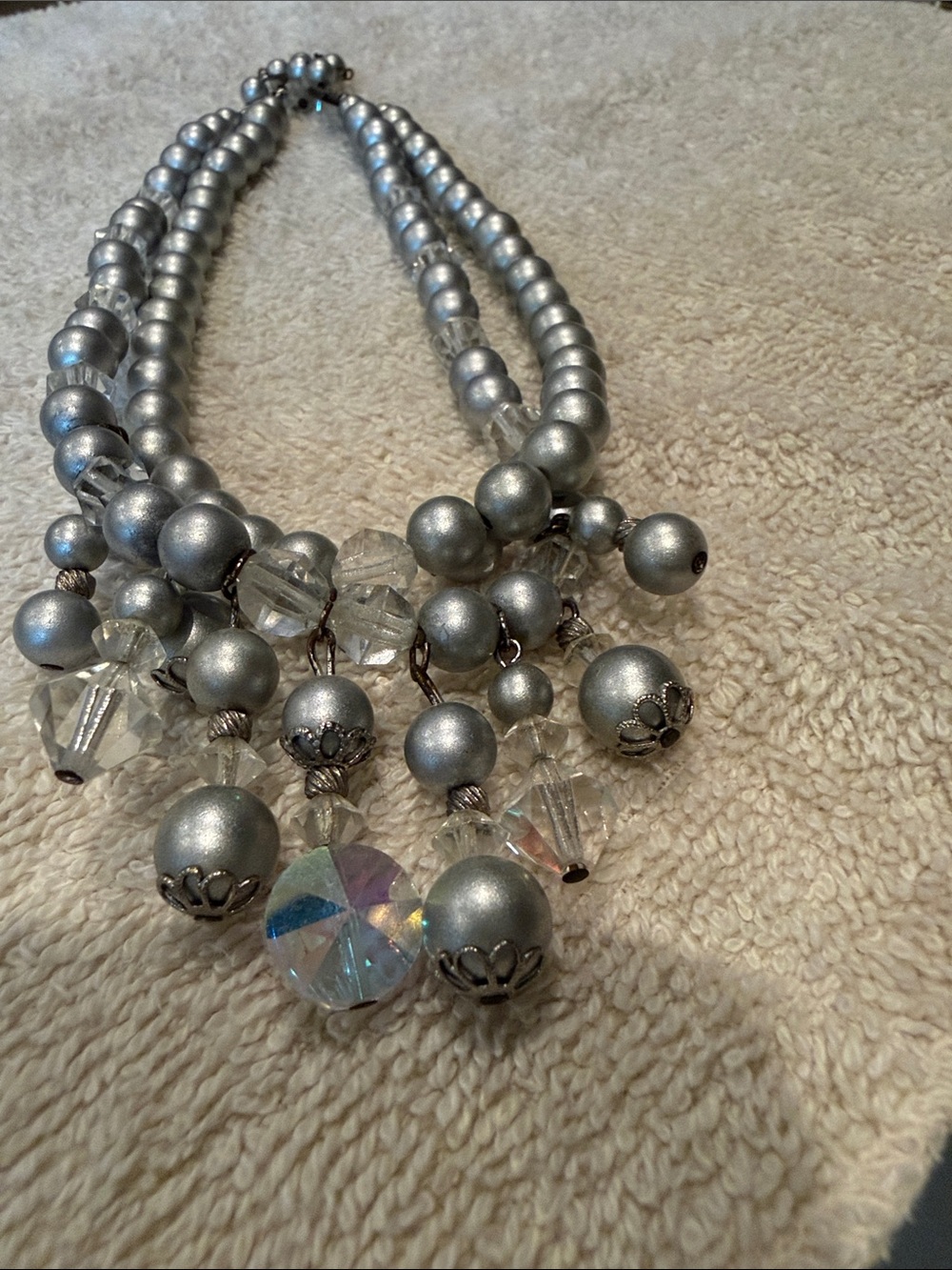 Silver Beaded Multi-Strand Necklace with Faceted Crystal Accent